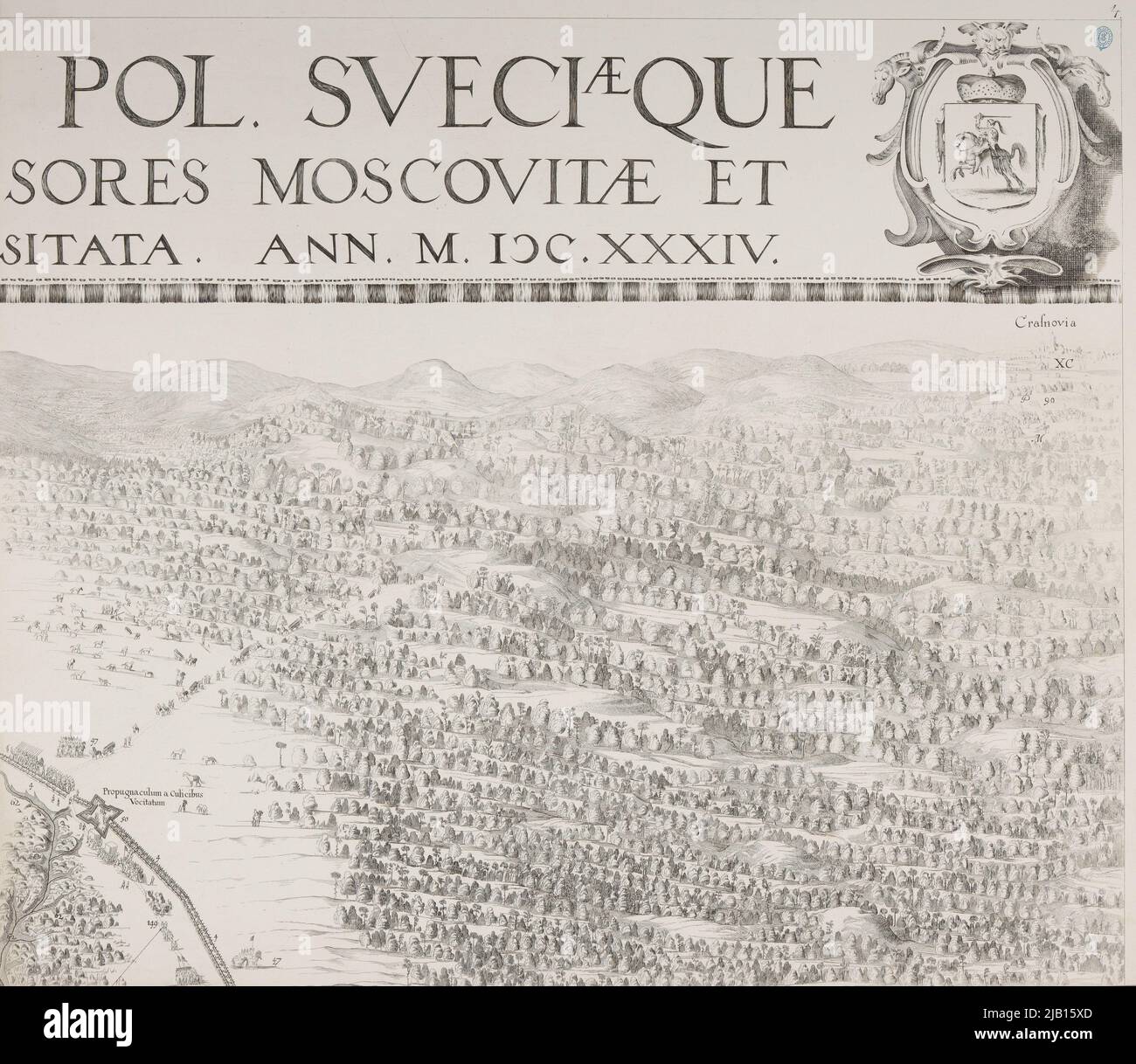 Smolensk eine Karte der Abschaffung der Blockade von Smolensk im Jahr 1634 ein Fragment des Ganzen, bestehend aus 16 Tafeln, reflektiert aus 12 größeren und 4 kleineren Aufzeichnungen Hondius, Willem (ca. 1600 1660) Stockfoto