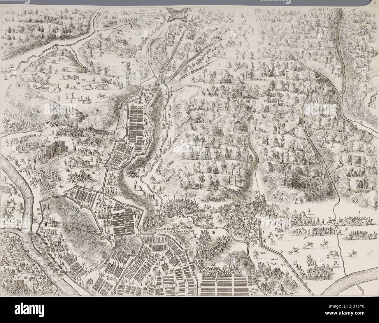 Smolensk eine Karte der Abschaffung der Blockade von Smolensk im Jahr 1634 ein Fragment des Ganzen, bestehend aus 16 Tafeln, reflektiert aus 12 größeren und 4 kleineren Aufzeichnungen Hondius, Willem (ca. 1600 1660) Stockfoto