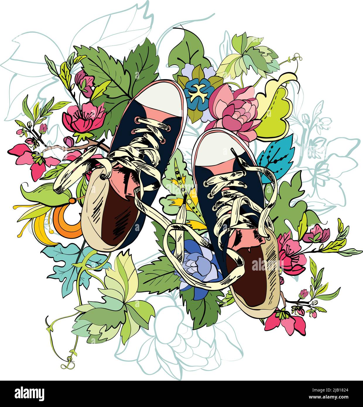 Farbige funky Teenager Gummischuhe mit Blume Hintergrund Vektor-Illustration Stock Vektor