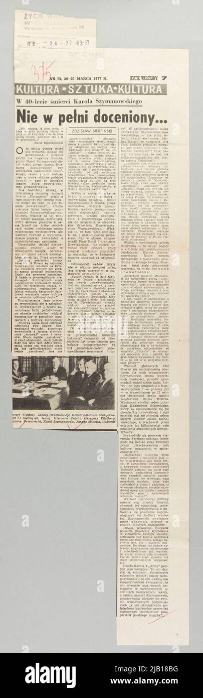 Presseausschnitte über den ATMA-Artikel von z. Sierpiński mit dem Titel zum 40.. Todestag von K. Szymanowski, der aus dem Leben von Warschau von 26 27.03.1977 nicht vollständig gewürdigt wurde. Stockfoto