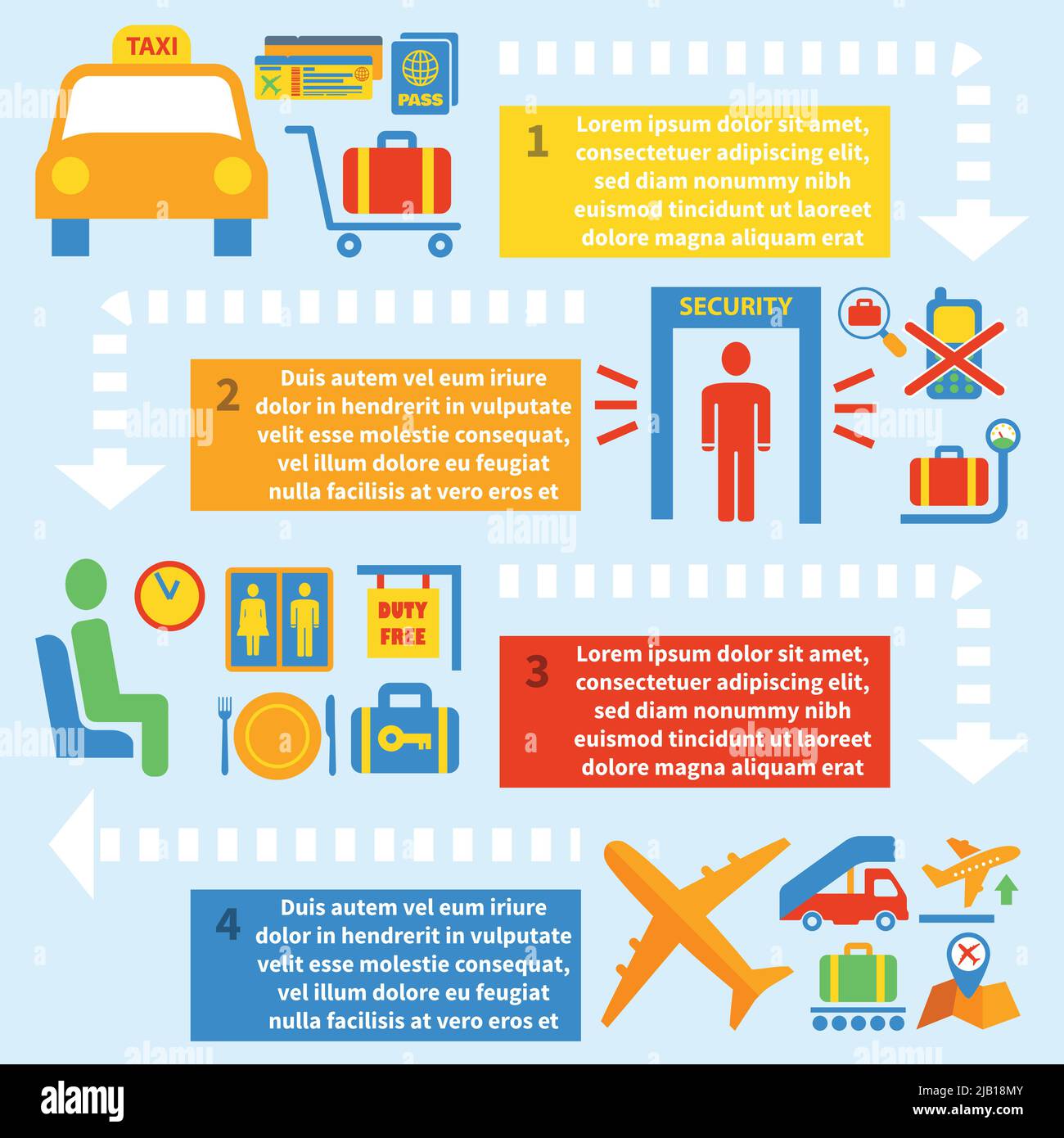 Flughafen Symbol flache Satz von Flugzeug Taxi Pass Ticket isoliert Vektor Illustration Stock Vektor