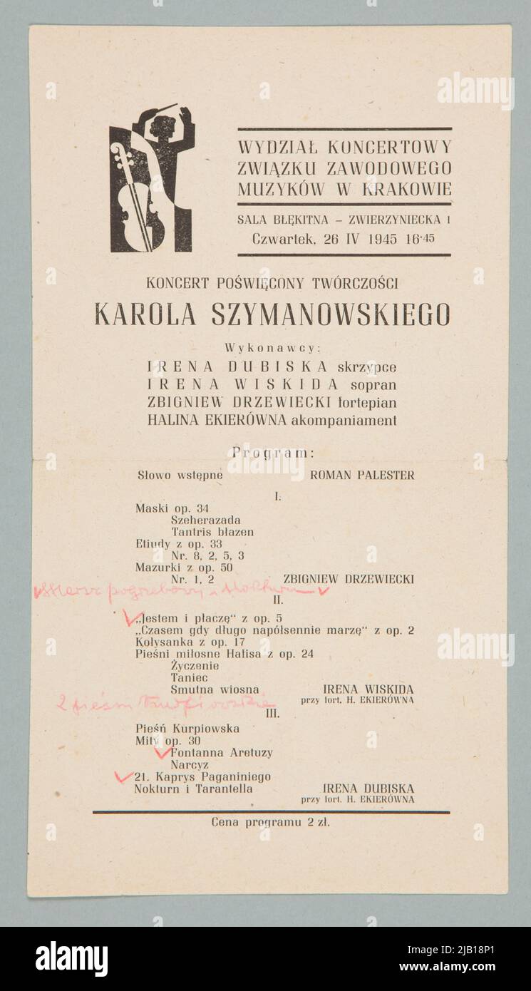 Das Konzertprogramm von 26.04.1945 in Krakau widmet sich dem Werk von Karol Szymanowski (Interpreten u.a. J. Dubiska und z. Drzewiecki) Stockfoto