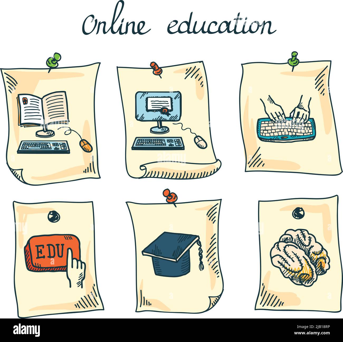 Online-Bildung e-Learning Webinar digitale Schule Aufkleber Set isolierte Vektor-Illustration Stock Vektor