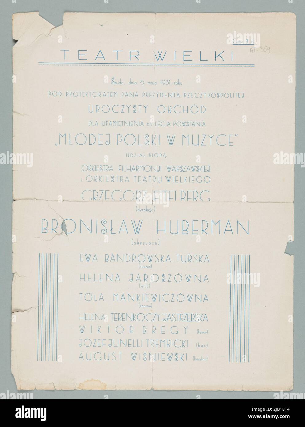 Konzertprogramm zum 25.-jährigen Jubiläum des jungen Polen in Musik von 06.05.1931 im Großen Theater unter Beteiligung des Geigers Bronisław Huberman Stockfoto