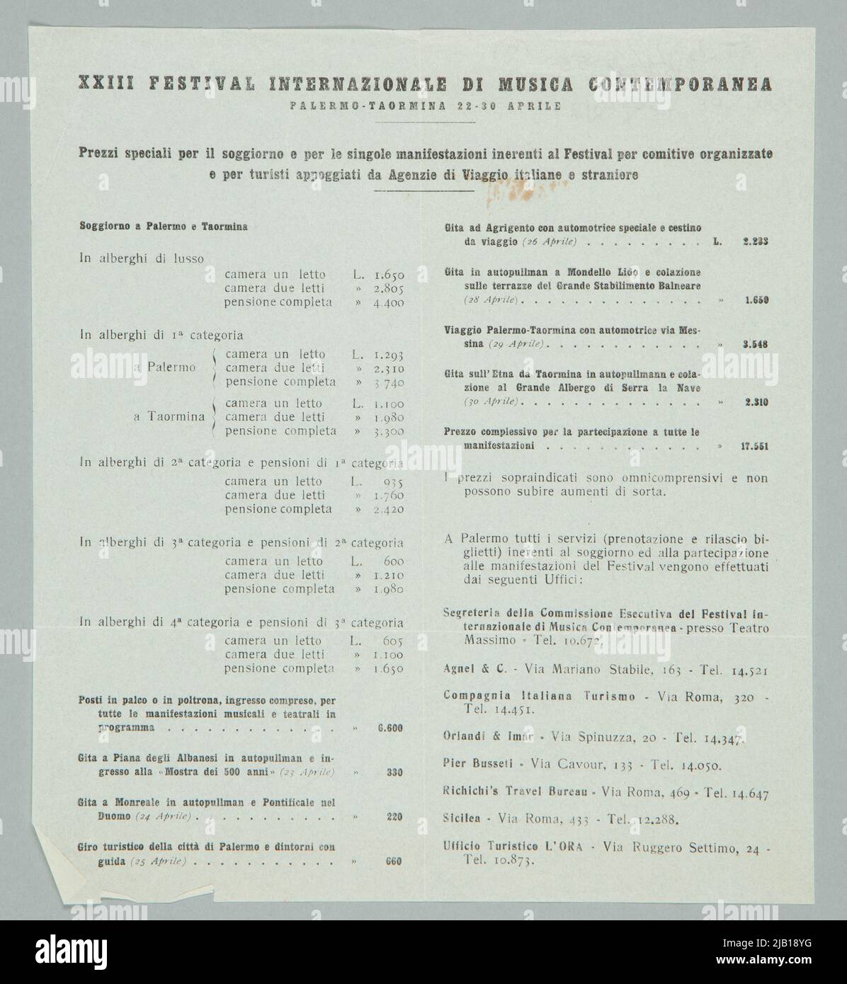 Werbebroschüre mit dem Programm des XXIII. Internationalen Festivals für zeitgenössische Musik Palermo 22 30.04.1949 (auf Italienisch) Stockfoto