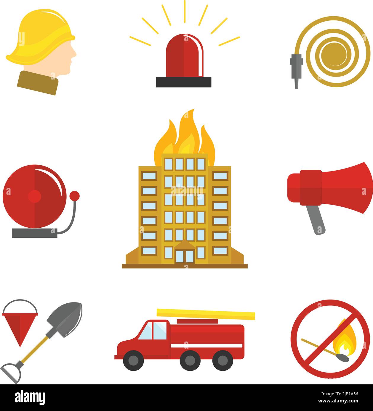 Brandbekämpfungs-Symbole flacher Satz brennender Gebäude Feueralarm Wasserschlauch isolierte Vektorgrafik. Stock Vektor