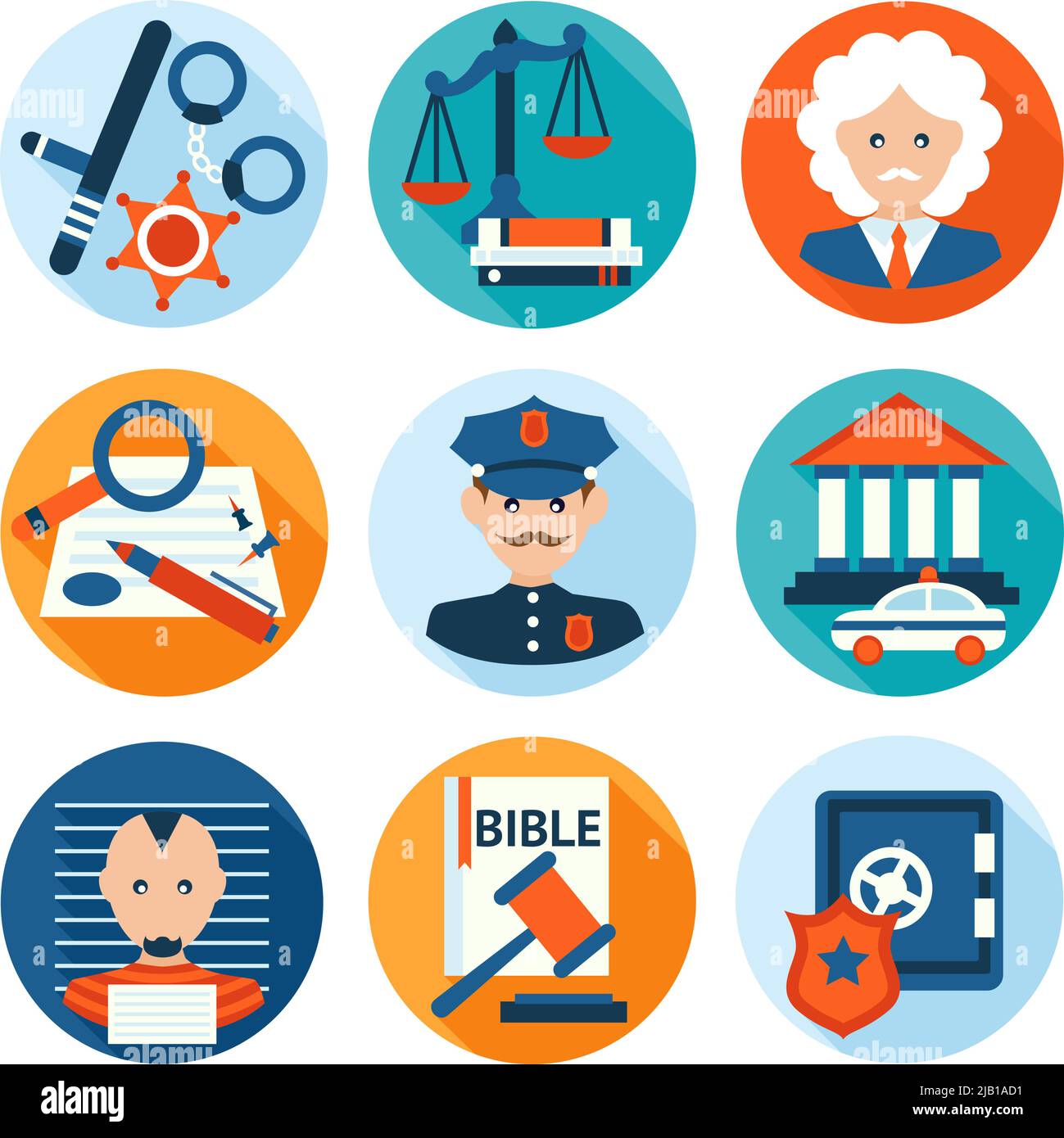 Gesetz Recht Gerechtigkeit Polizei Untersuchung und Gesetzgebung flache Symbole setzen isolierte Vektor-Illustration. Stock Vektor