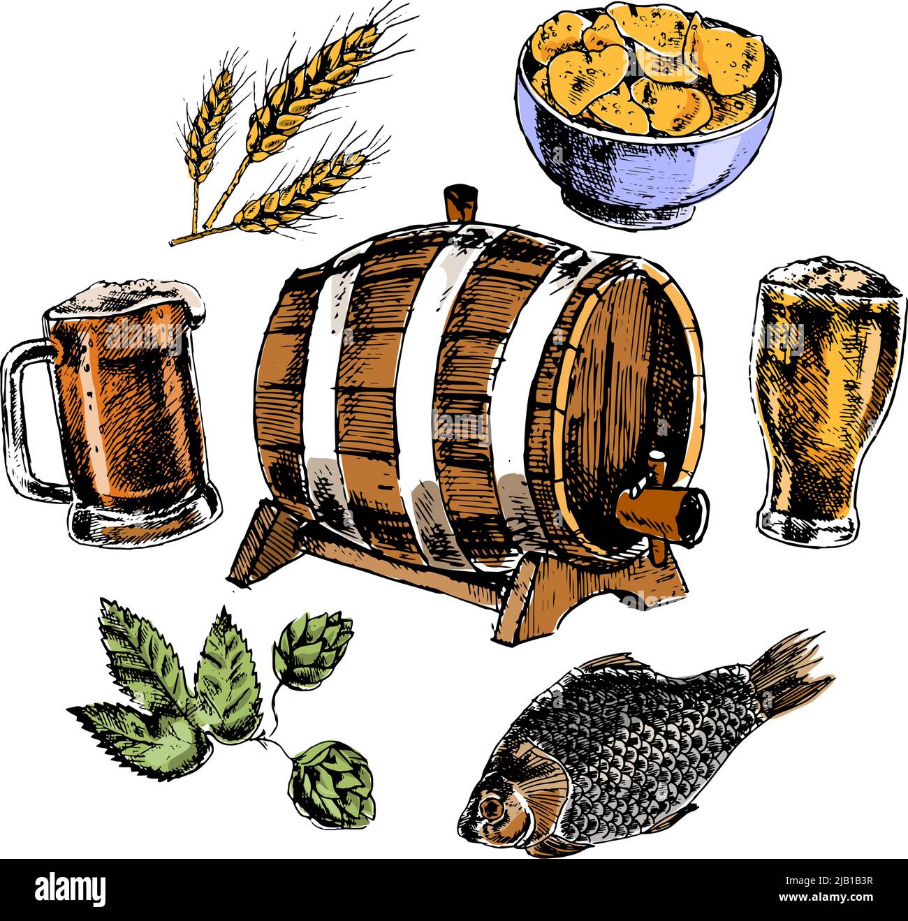 Bier-Ikonen mit Eichenfass Hopfen malzte Gerste Getreide und Snacks bunte Piktogramme isoliert Vektor-Illustration Stock Vektor