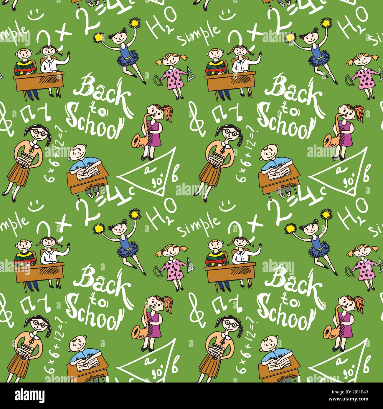 Kinder cheerleading Lernen mit Schule Zubehör Hintergrund nahtlose Doodle Skizze Muster Vektor Illustration Stock Vektor