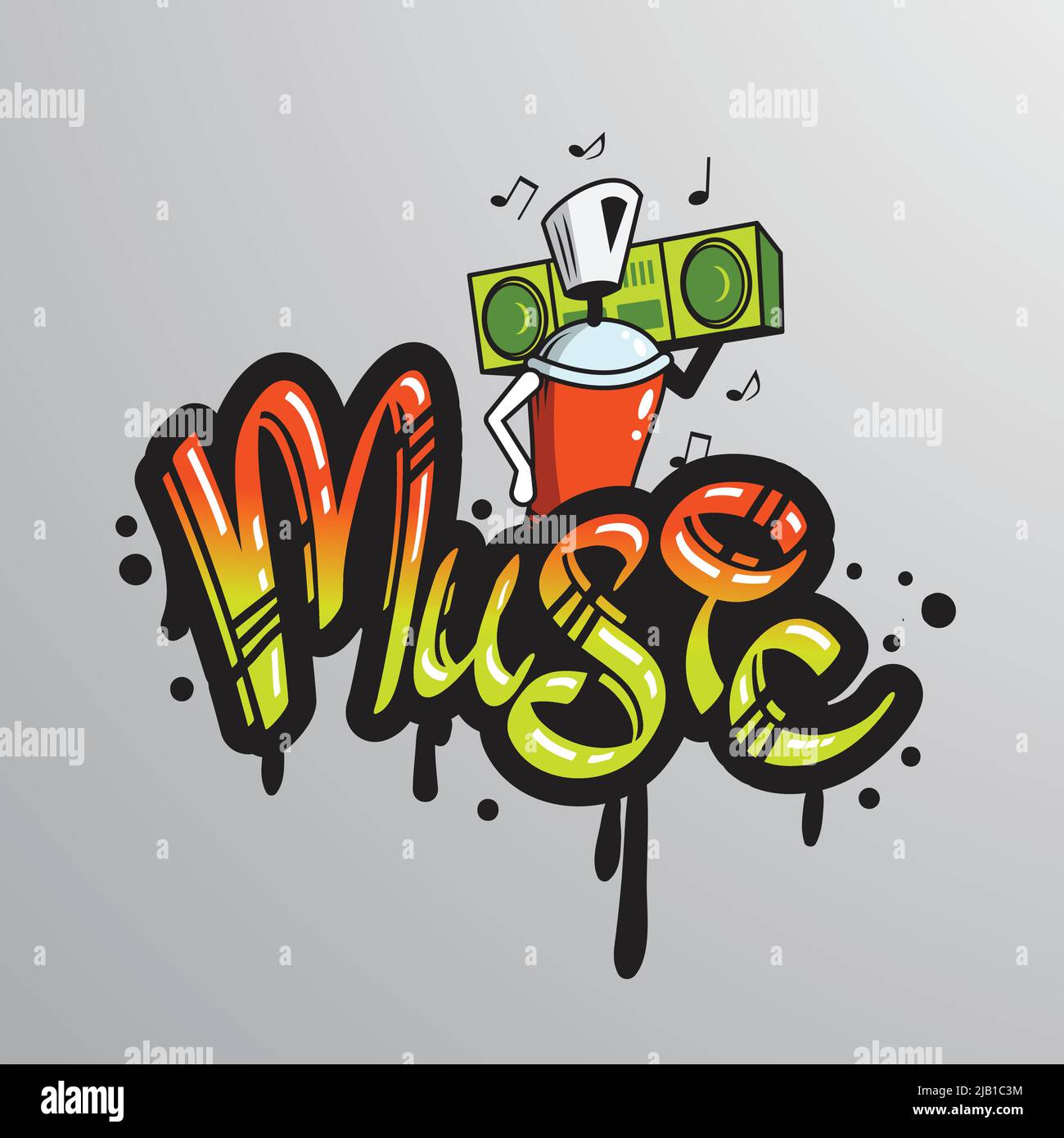 Graffiti Spray kann Charakter Element mit Player Musik Noten Wort tropfig Schrift Text Beispiel Grunge Vektor Illustration Stock Vektor