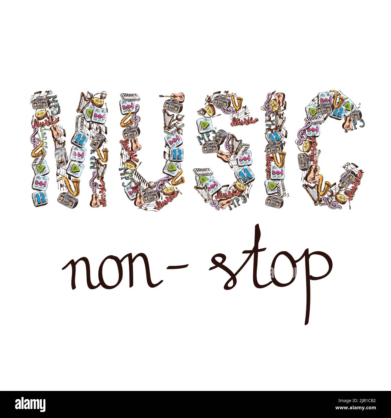 Musik Wortkomposition mit Note Klavier Violoncello Saxophon in Skizze Farbe Stil Vektor-Illustration Stock Vektor