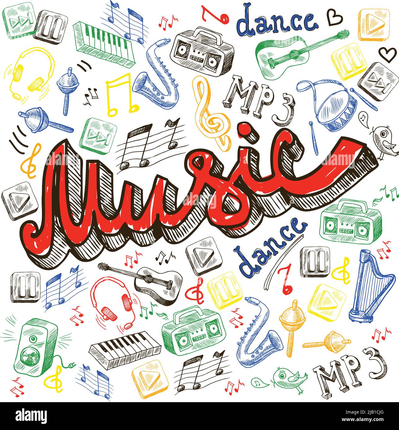 Musikkomposition mit Note Tanz Wörter Saxophon in Skizze Farbe Stil Vektor-Illustration Stock Vektor