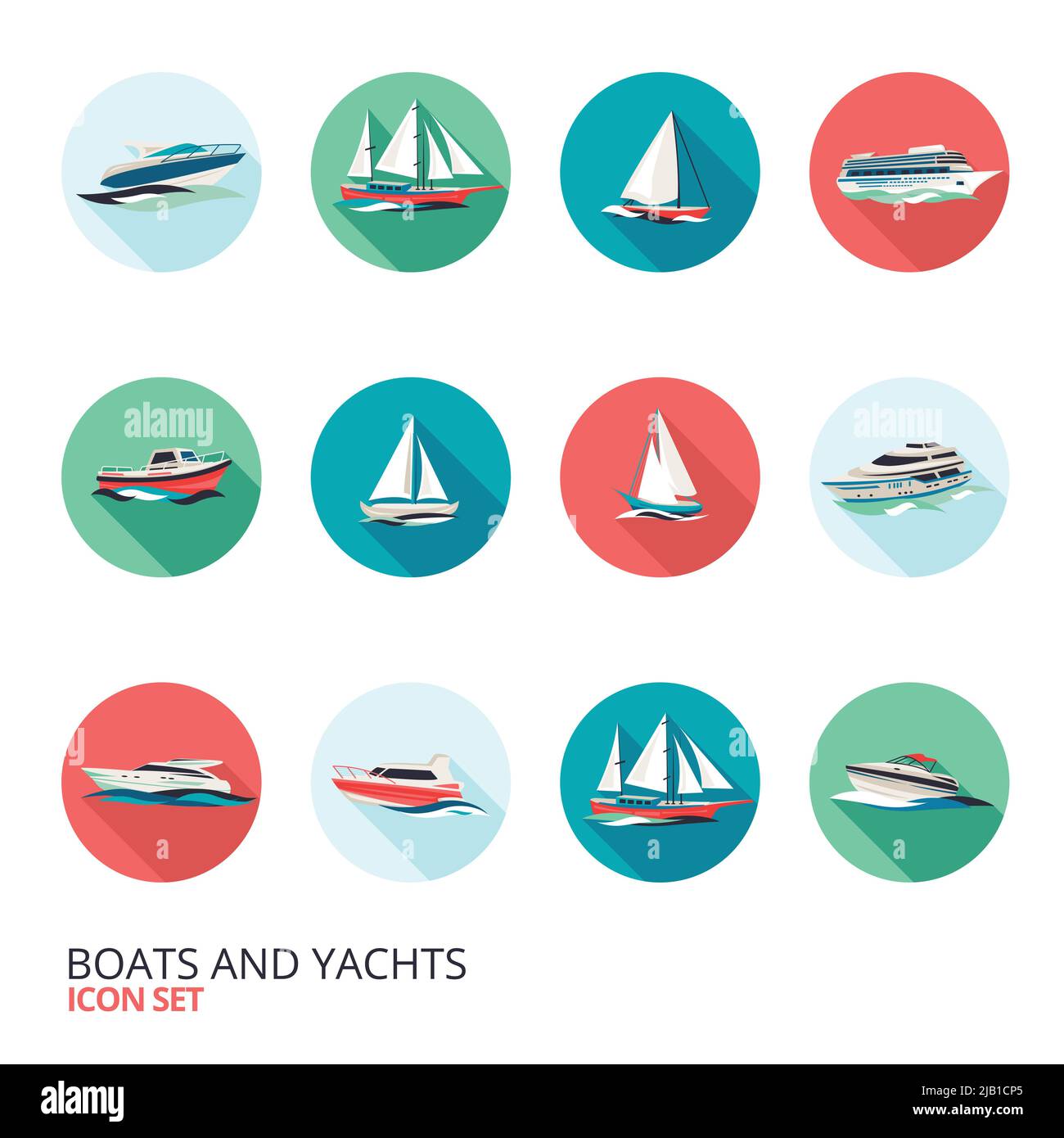 Ocean Urlaub Business Reise Tour Kreuzfahrt Yacht Liner Schiff flach rund solide isoliert Symbole setzen isoliert Vektor Illustration Stock Vektor