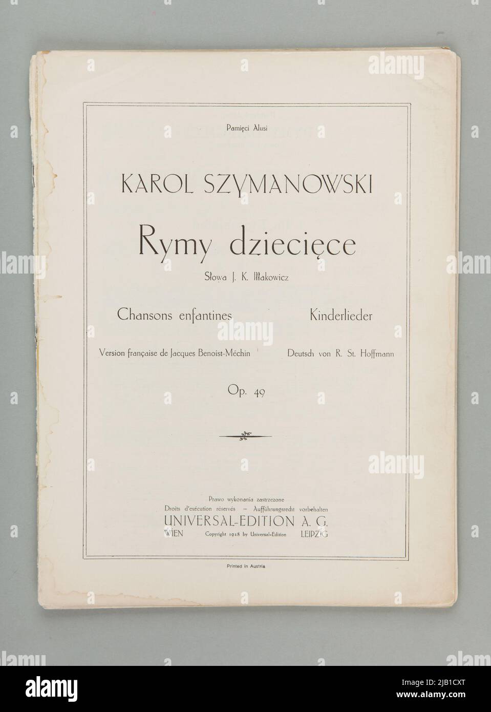 Notizen Kinderreime für Stimme und Klavier op. 49 (Worte von J.K. Iłłakowicz) Szymanowski, Karol (1882 1937) Stockfoto