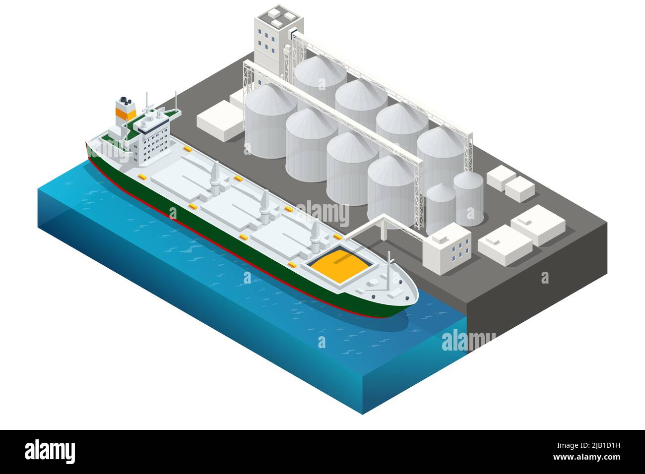 Isometrischer Getreideanleger am Seehafen. Beladen von Getreidepflanzen auf Großschiffen von großen Aufzügen aus. Transport von landwirtschaftlichen Erzeugnissen. Trockenfrachtschiffe Stock Vektor