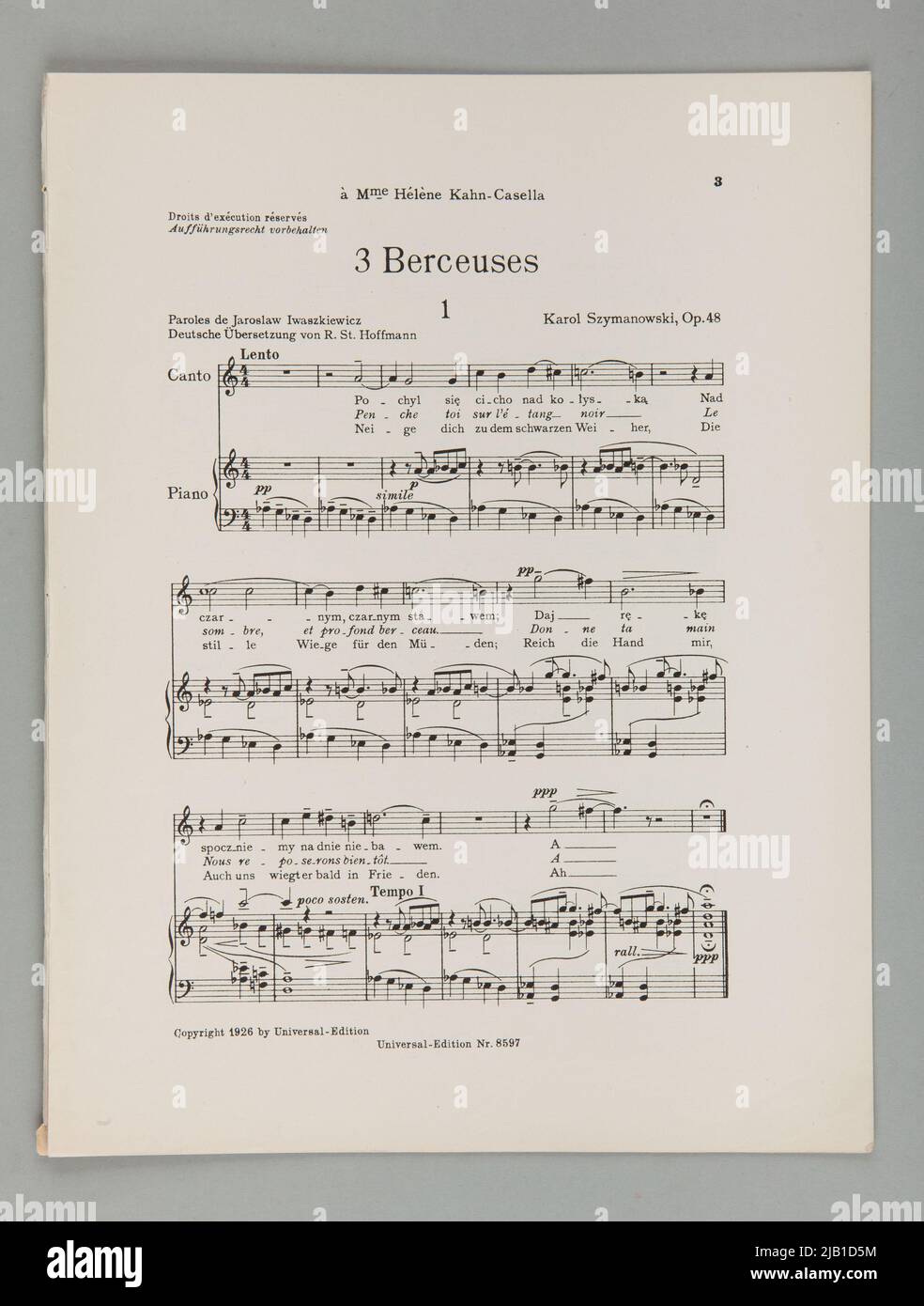 Anmerkungen 3 Berceuses op. 48 mit den Worten von Jarosław Iwaszkiewicz Szymanowski, Karol (1882 1937) Stockfoto