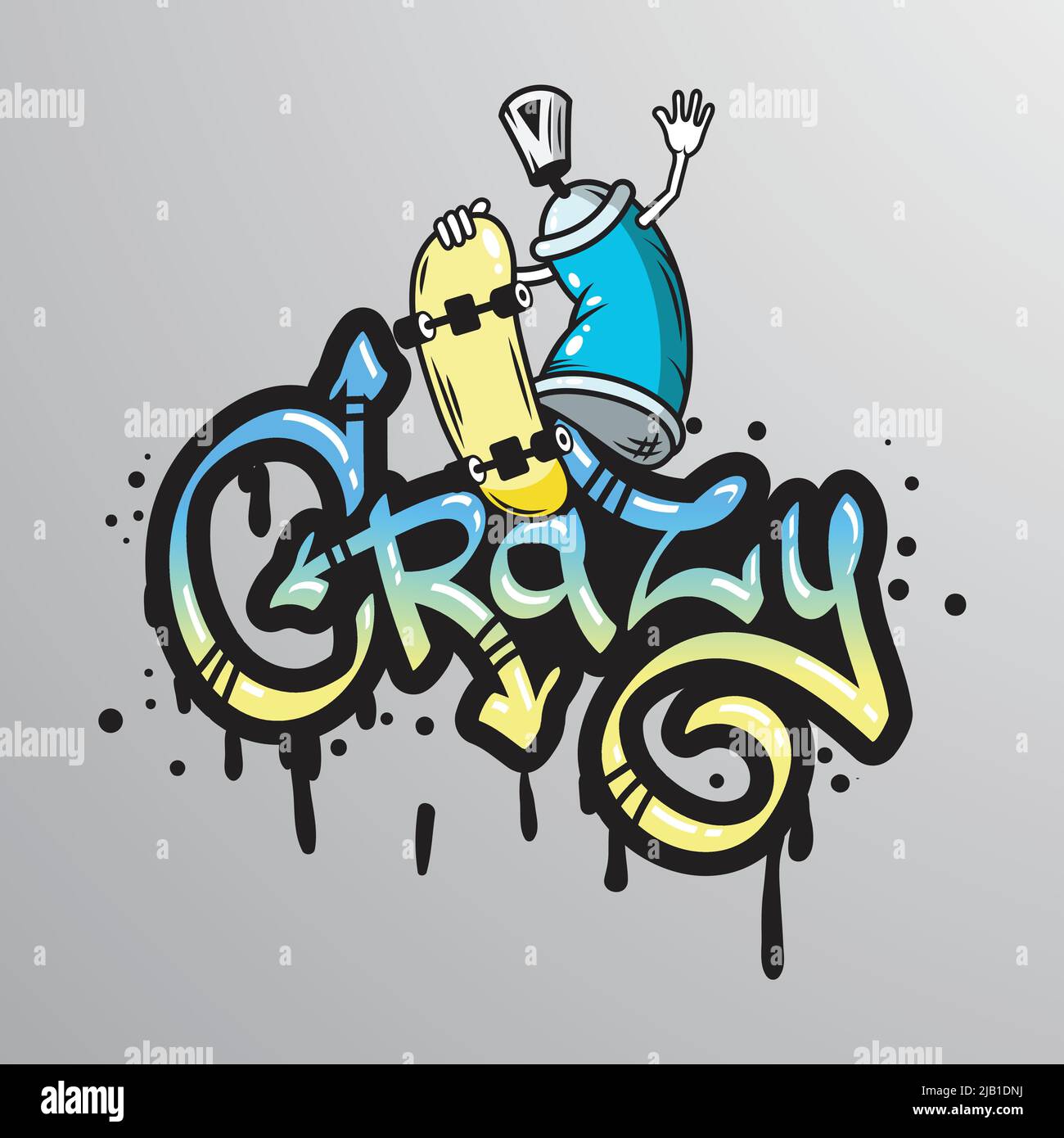 Graffiti-Spray kann verrückte Charakter mit Skateboard-Komposition tropfige Schrift Text Beispiel abstrakte Grunge Vektor Illustration Stock Vektor