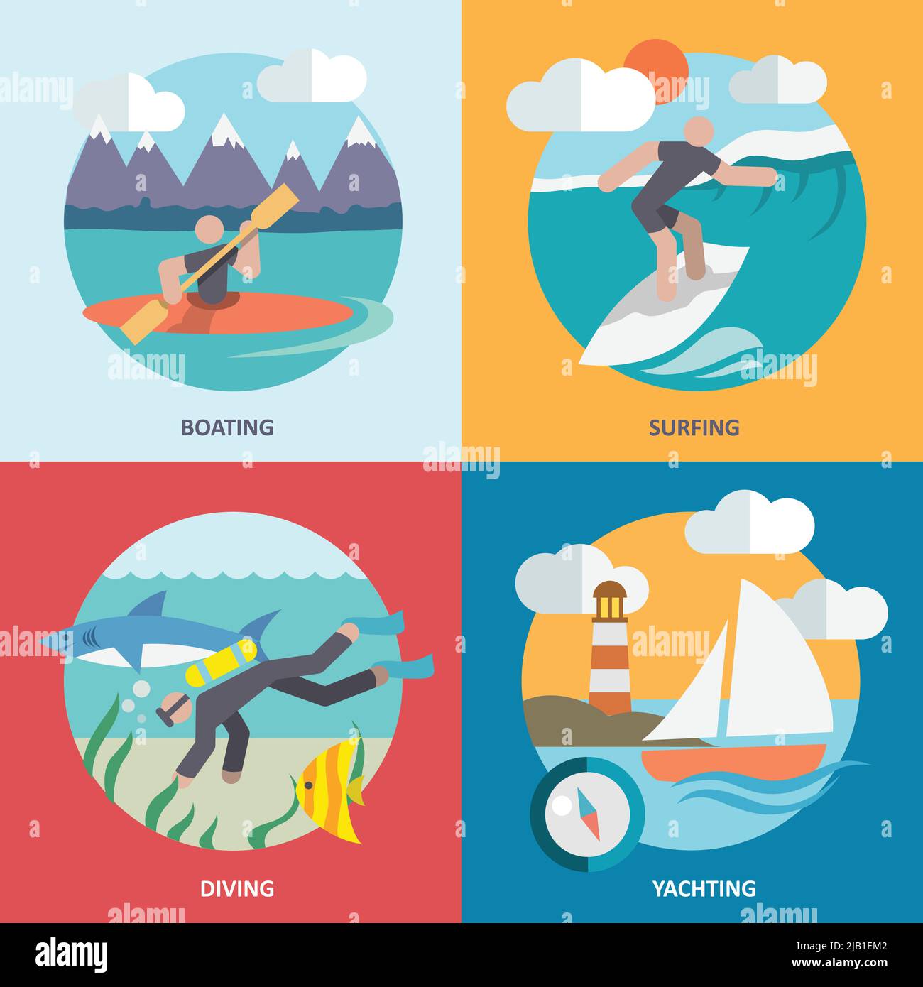 Wassersport Bootfahren Surfen Tauchen Segeln flache Symbole setzen isolierte Vektor-Illustration Stock Vektor