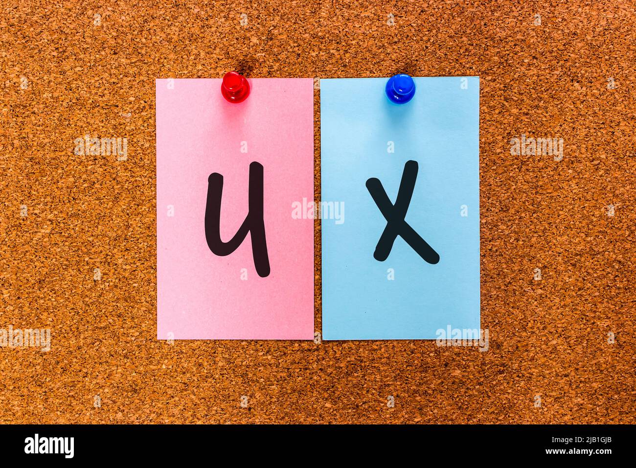 2 Buchstaben Schlüsselwort UX (User Experience) durch Handschrift auf Sticker an Bord angebracht. UX ist die Art und Weise, wie der Benutzer mit Produkten, Systemen oder Services interagiert und Erfahrungen macht Stockfoto