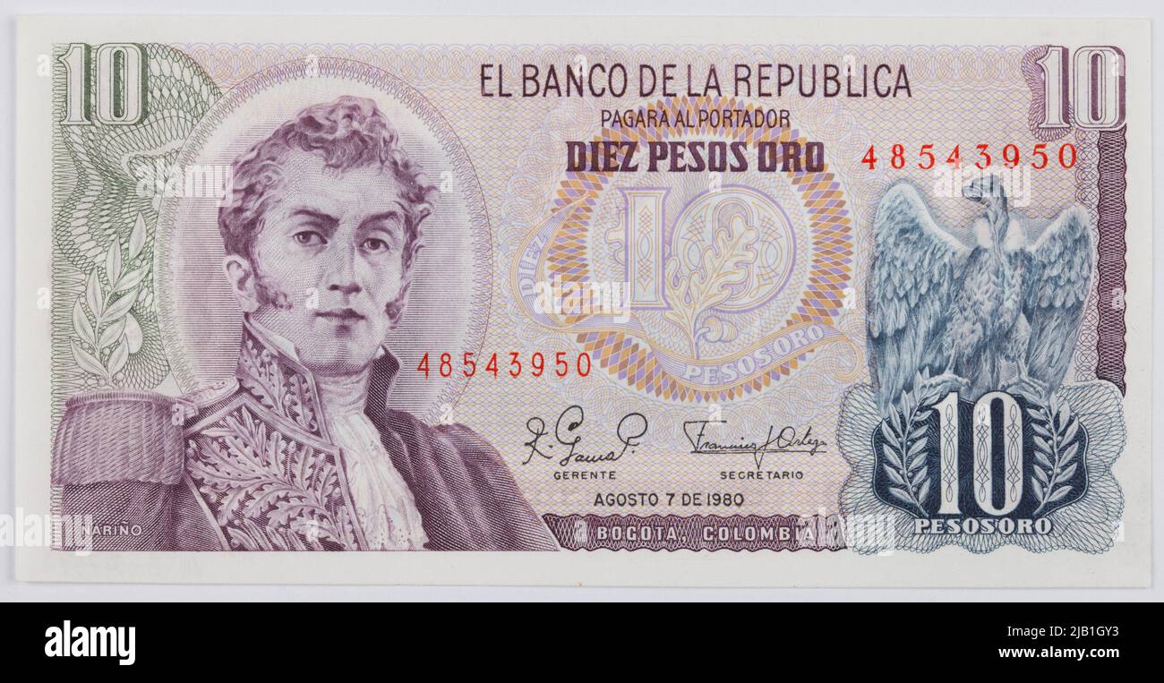 Banknot Na 10 Pesos Gold; die Bank der Republik, Kolumbia, 7.08.1980 R. Stockfoto