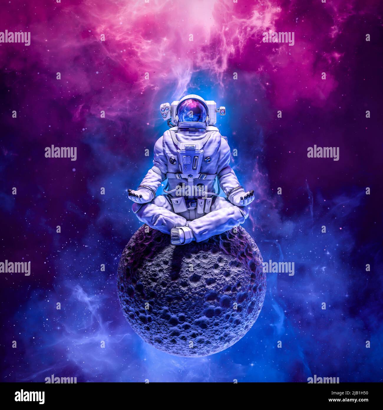 Astronaut meditiert auf dem Mond - 3D Illustration einer Science-Fiction-Figur im Weltraum in Yoga-Lotuspose auf einem kleinen Astronauten im Weltraum Stockfoto