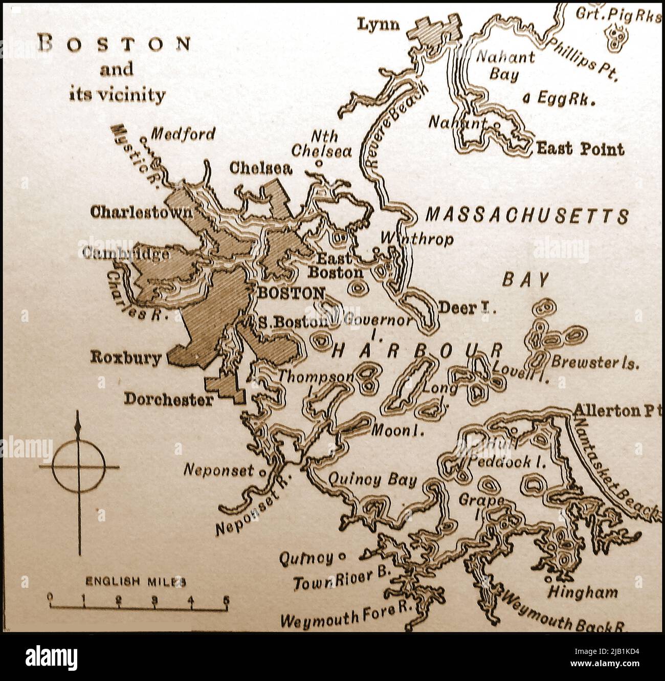 Eine Karte aus dem 19.. Jahrhundert von Boston und der Umgebung, USA, die die damaligen Namen zusammen mit Inseln, Flüssen und Entfernungen in englischen Meilen zeigt Stockfoto