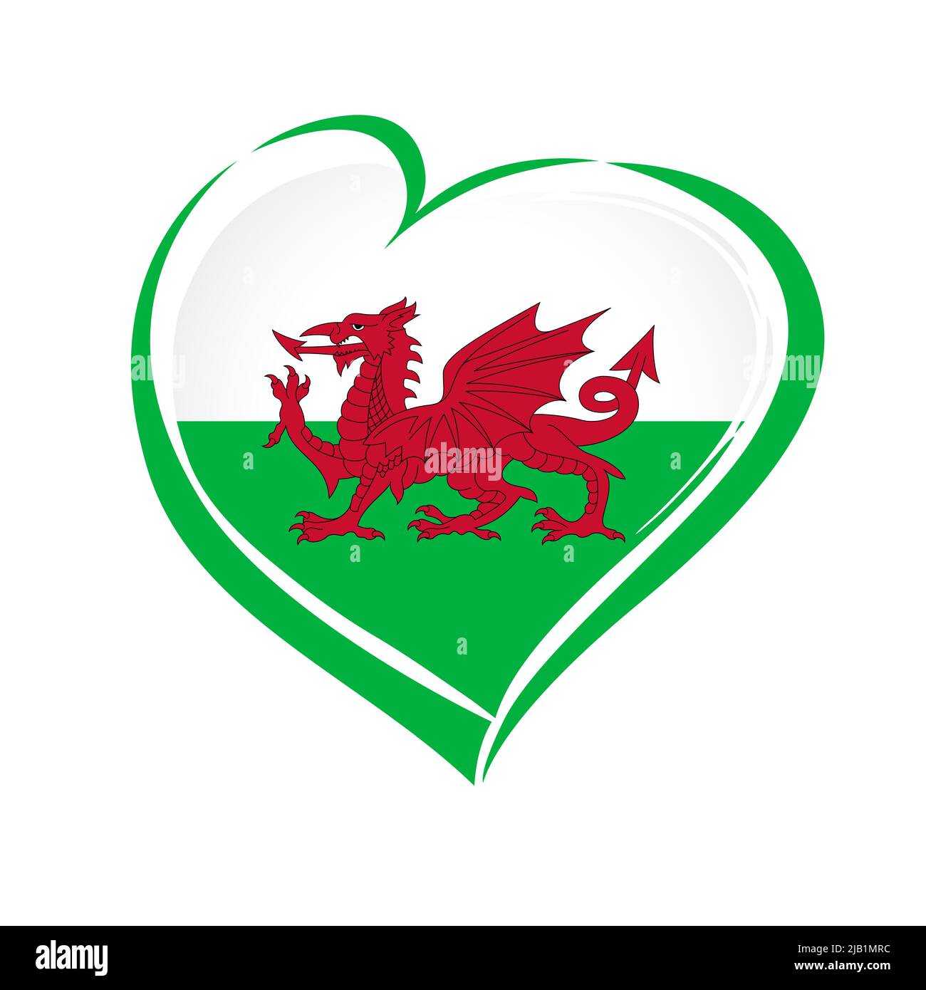 Liebe Wales Flagge Emblem. Walisischer Nationalfeiertagsbanner mit Herz in Flaggenfarben. Vektorgrafik Stock Vektor