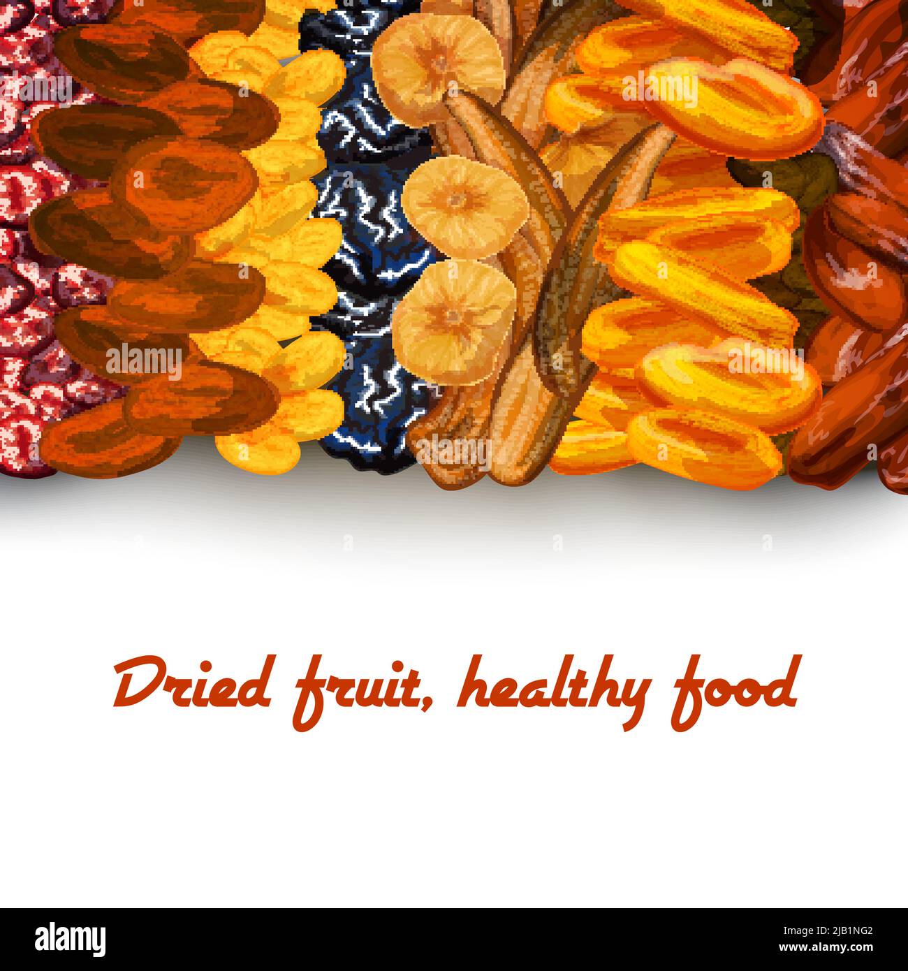 Dekorative sonnengetrocknete gesunde Ernährung Obst Hintergrund Banner-Print mit Daten Aprikosen Rosinen und Kirschen Vektor-Illustration Stock Vektor