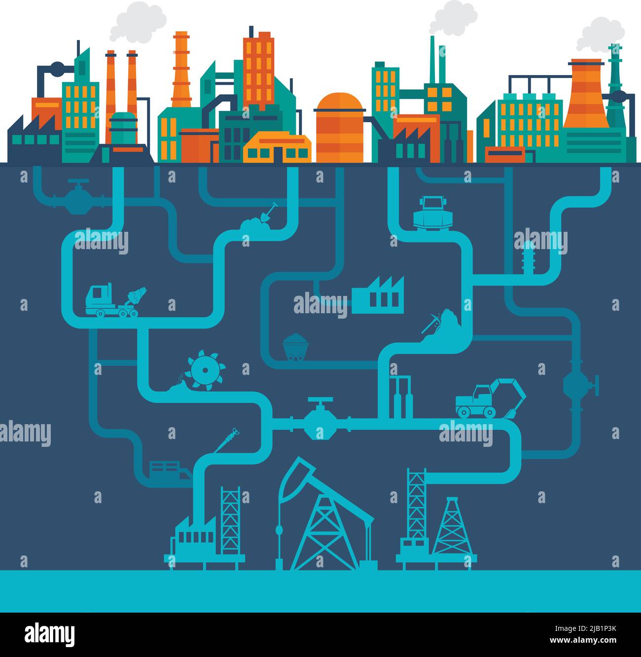 Fabrik flache Industrie Hintergrund mit Manufakturtechnik Gebäude und unterirdische Bohrrohre Vektor-Illustration Stock Vektor