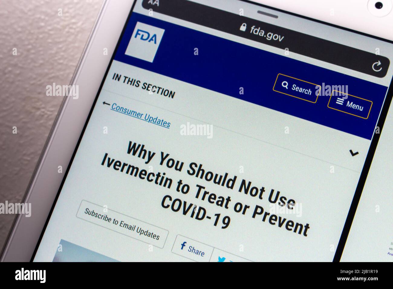 Kumamoto, JAPAN - Sep 13 2021 : „Warum Sie Ivermectin nicht zur Behandlung oder Vorbeugung von COVID-19 verwenden sollten“ auf der Website der US Food and Drug Administration (FDA) Stockfoto