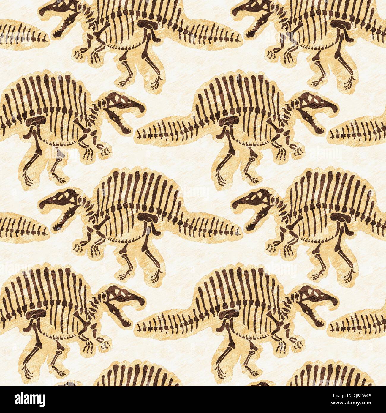 Braun handgezeichnete Spinosaurus fossile Knochen Dinosaurier nahtloses Muster. Geschlechtsspezifische neutrale jurassische Silhouette für die Babykrippe. Home Dekor für Museum Stockfoto