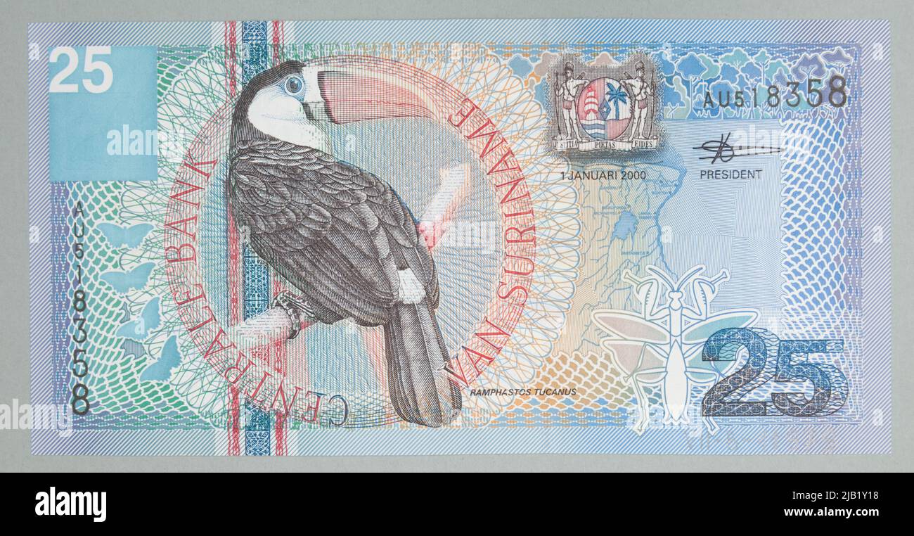 Banknot nach 25 Gulden, Zentralbank von Suriname, Surinam, 1.01.2000 r. Von der Straße Stockfoto