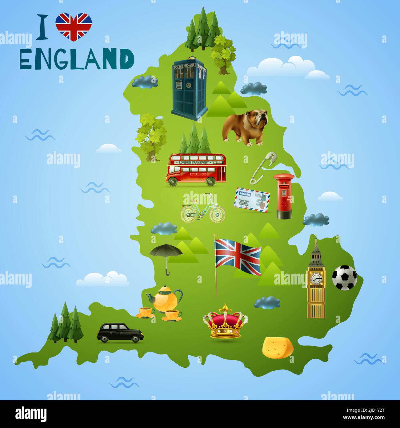 Reisekarte für england mit britischen Wahrzeichen und Symbolen, einschließlich Transport, Essen auf blauem Hintergrund, Vektorgrafik Stock Vektor