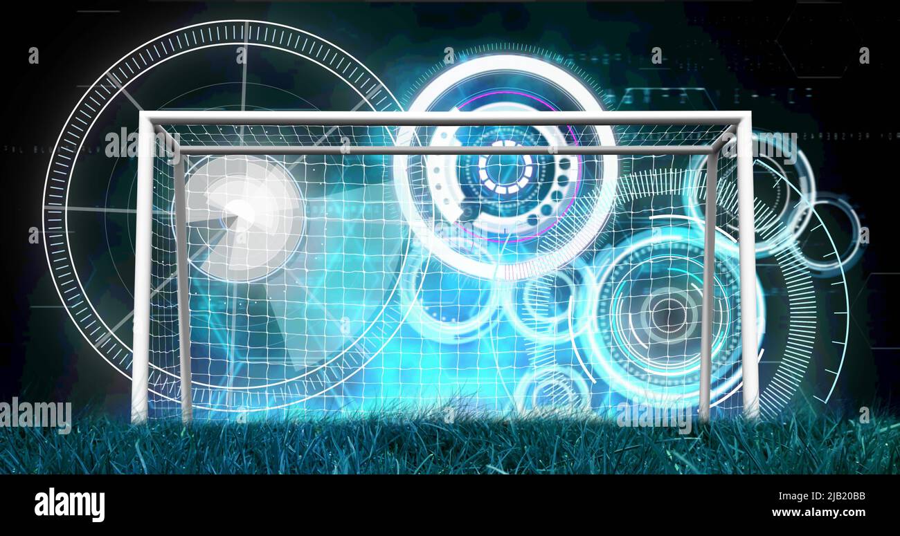 Bild von Scopes Scannen und Datenverarbeitung über Fußballtor im Sportstadion Stockfoto