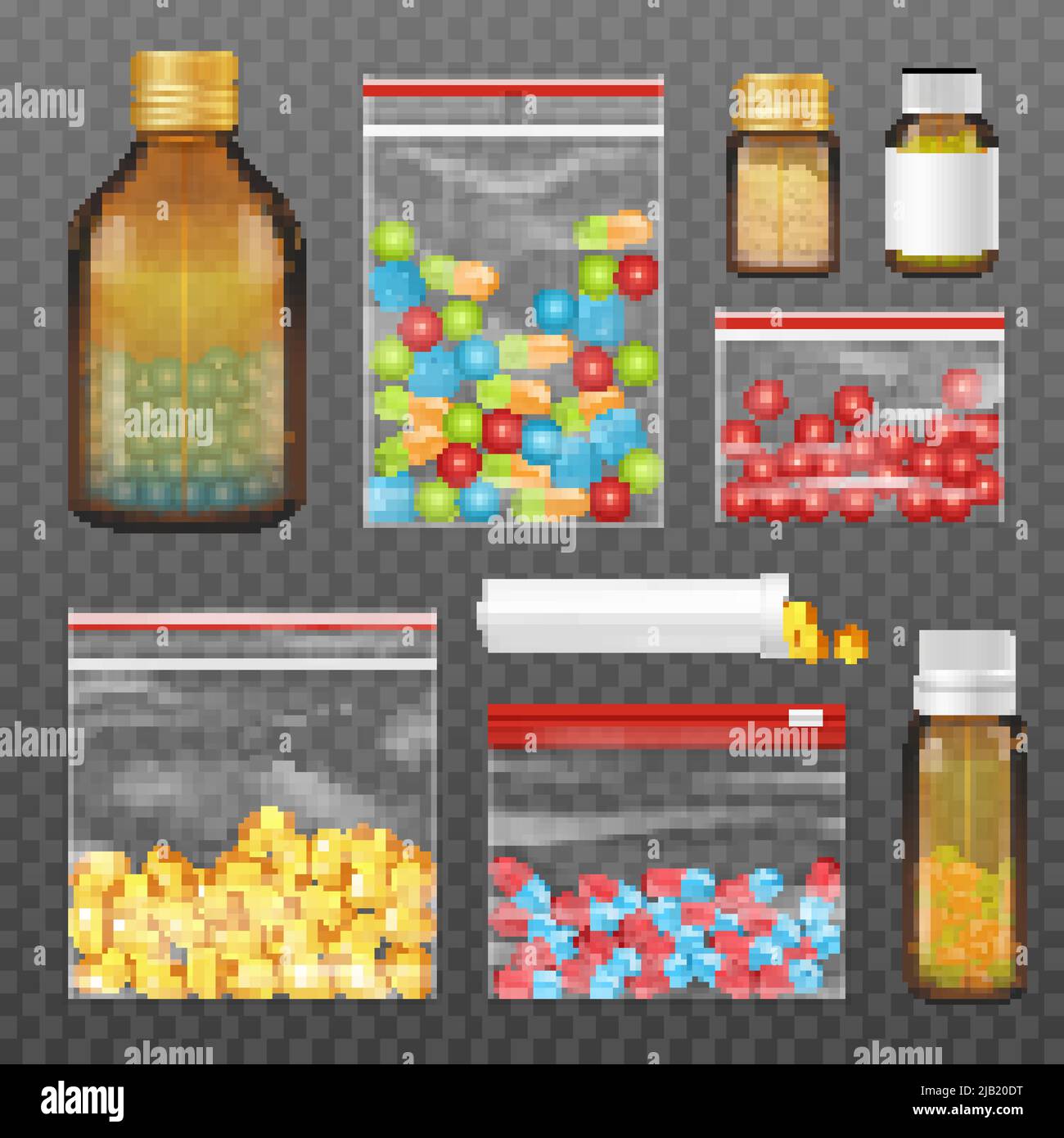 Bunte Pillen Kapseln Drogerie Sortiment realistische Set in versiegelten Plastiktüten und Flaschen dunkel transparent Hintergrund Vektor Illustration Stock Vektor
