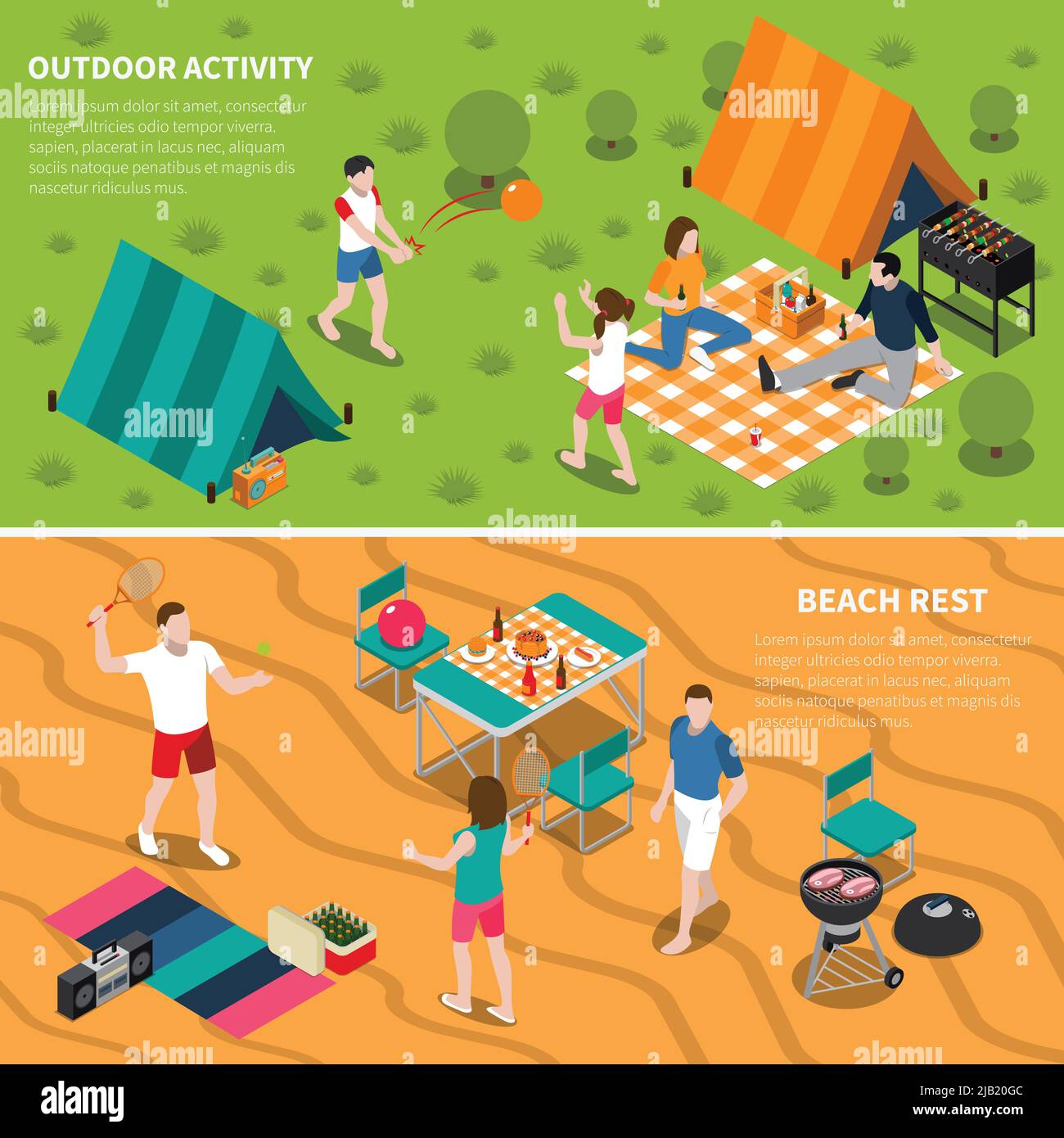 Zwei horizontale Sommer Outdoor-Aktivität Menschen Banner mit Outdoor-Aktivität und Strand Rest Beschreibungen Vektordarstellung gesetzt Stock Vektor