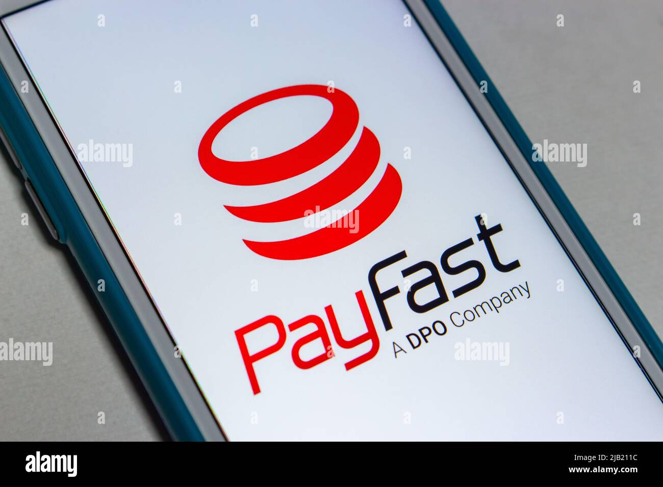 Logo PayFast, ein Online-Zahlungsservice für südafrikanische Händler, auf dem iPhone. PayFast unterstützt Vertragspartner bei der Annahme sicherer Online-Zahlungen. Stockfoto