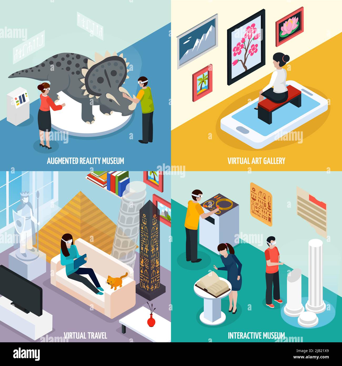 Vier quadratische virtuelle Reise Wahrzeichen Museum Symbol mit virtuellen Kunstgalerie Reise interaktive Museum Vektor Illustration gesetzt Stock Vektor