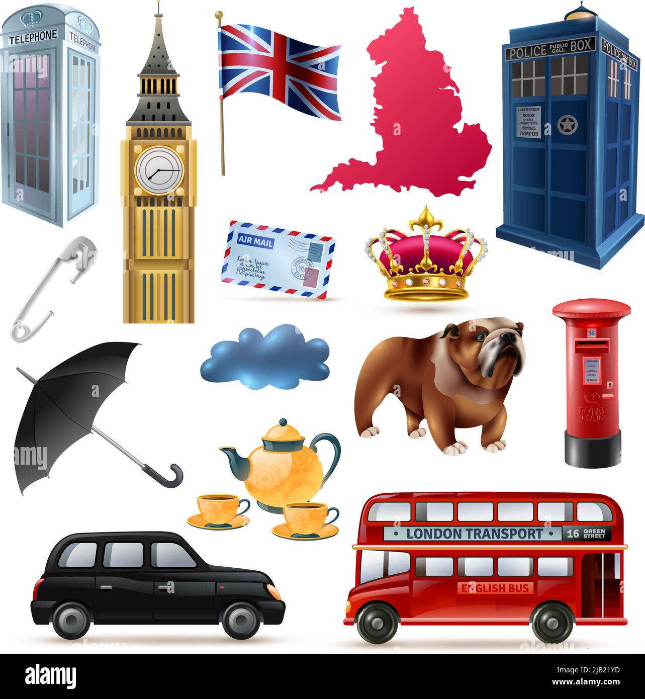Satz von Symbolen mit Wahrzeichen von england einschließlich london Transport, Architektur, Krone, Sicherheitsnadel isoliert Vektor-Illustration Stock Vektor