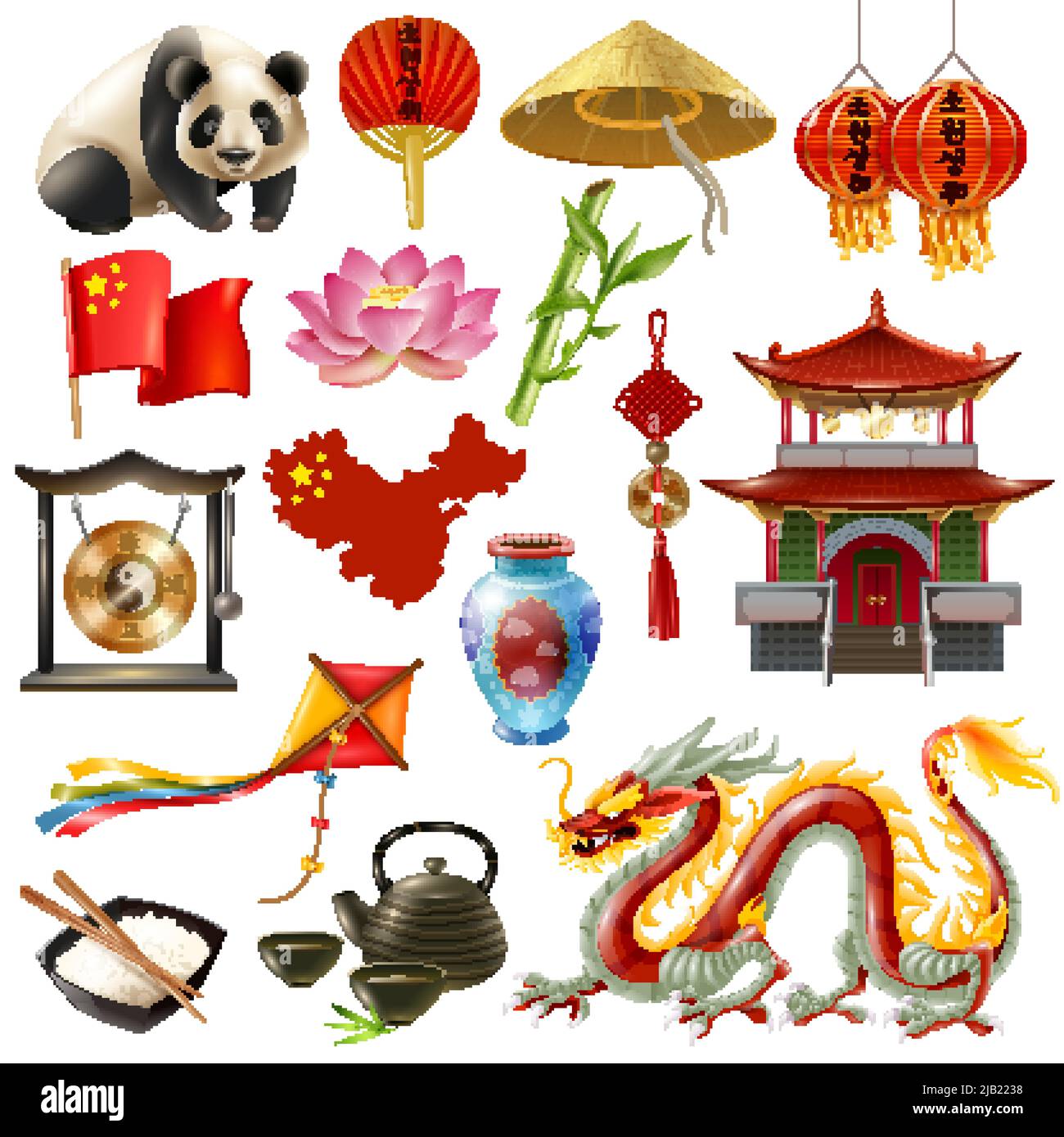 Farbige und isolierte china Reise-Symbol mit den beliebtesten Attraktionen und Tiere Vektor-Illustration gesetzt Stock Vektor