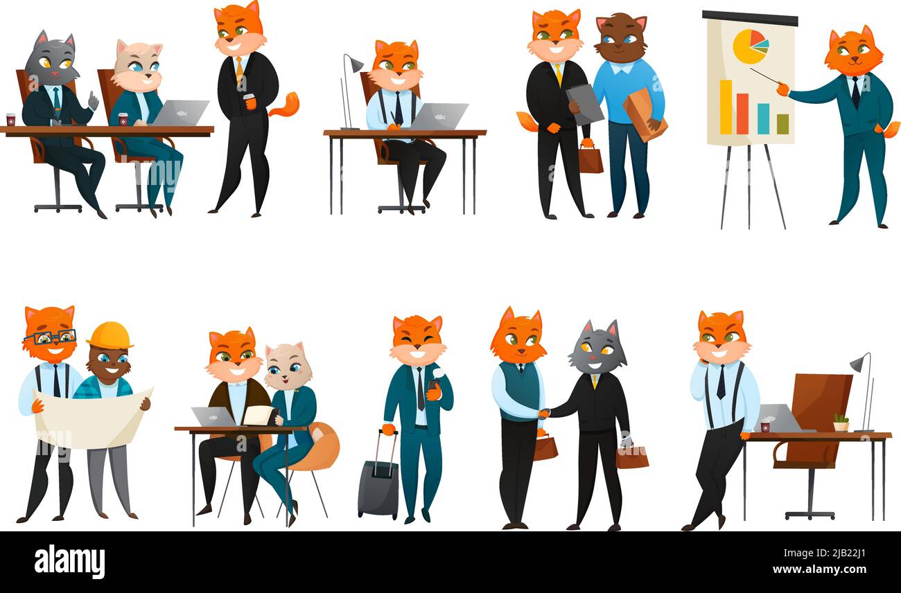 Chef Executive Business Katze anthropomorphe Geschäftsmann Comic-Figur in Corporate Office Cartoon Icons webcomic Komposition Vektor Illustration Stock Vektor