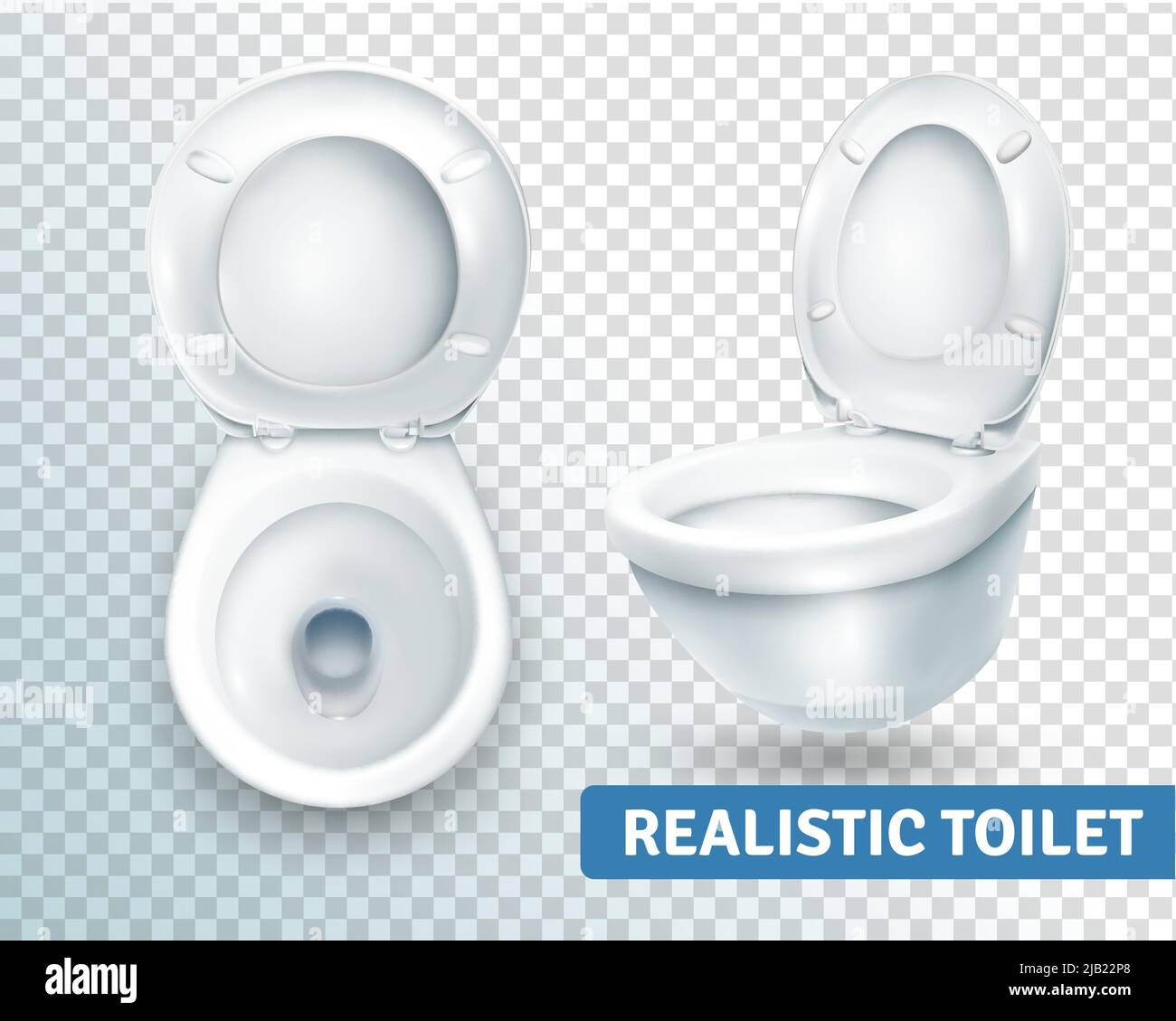 Realistische Toilette transparent Set mit zwei isolierten Bildern der weißen Toilettenschüssel Ansicht aus verschiedenen Winkeln Vektor-Illustration Stock Vektor