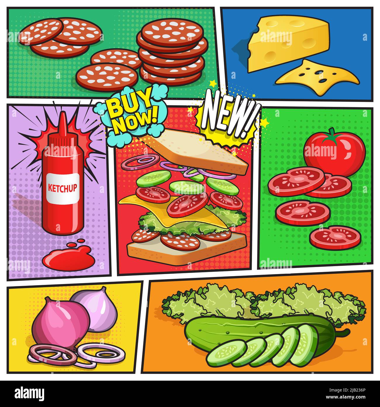 Comic-Seite mit Werbung für Sandwich-Zutaten Ketchup in der Flasche auf geteiltem bunten Hintergrund Vektor-Illustration Stock Vektor