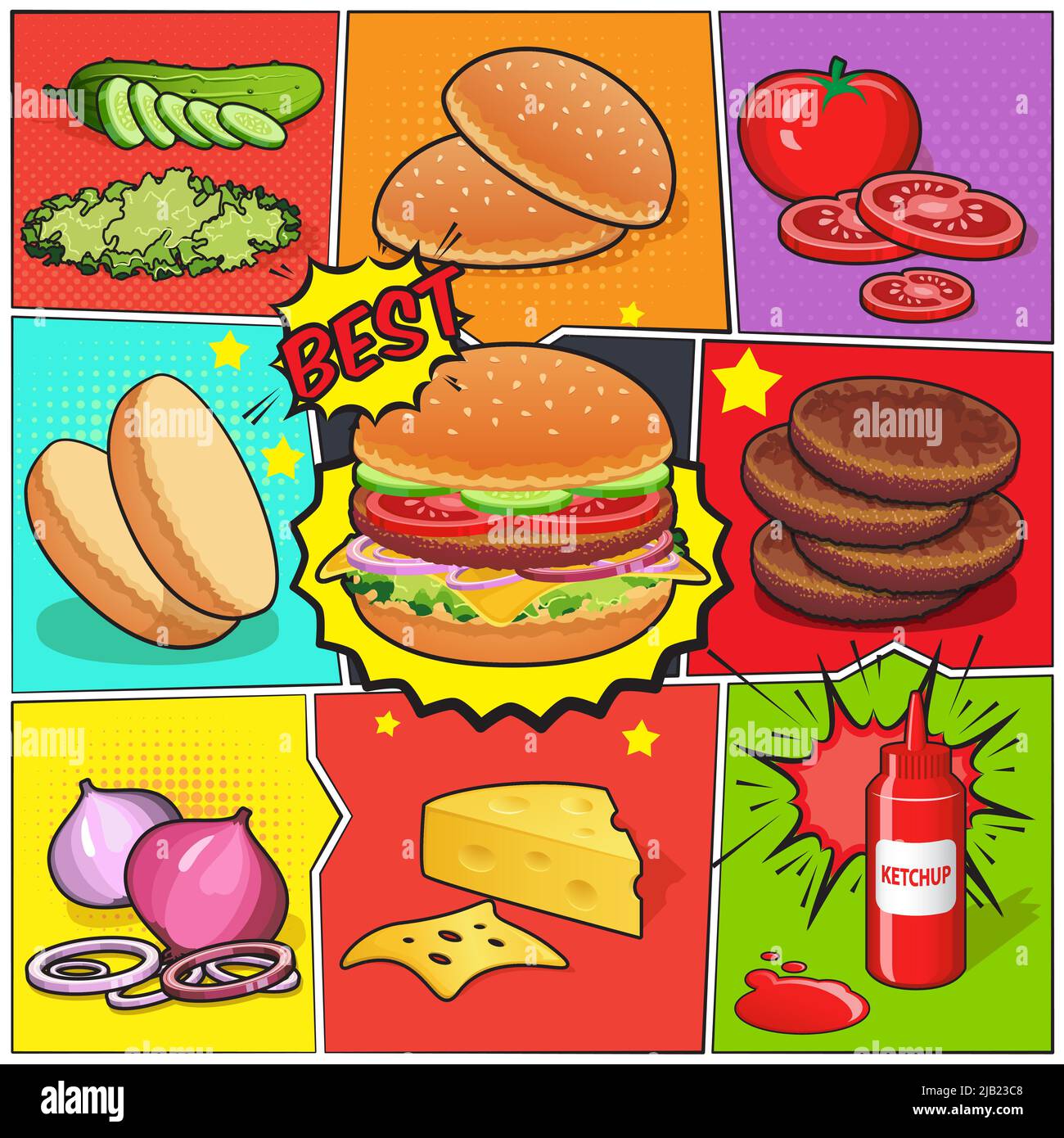 Comic-Seite mit Burger und Zutaten einschließlich Koteletts Gemüse Ketchup auf geteilte bunte Hintergrund Vektor-Illustration Stock Vektor