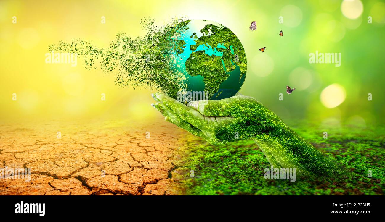 Eine Welt, die das Konzept des Umweltschutzes zusammenbricht und zerfällt. Stockfoto