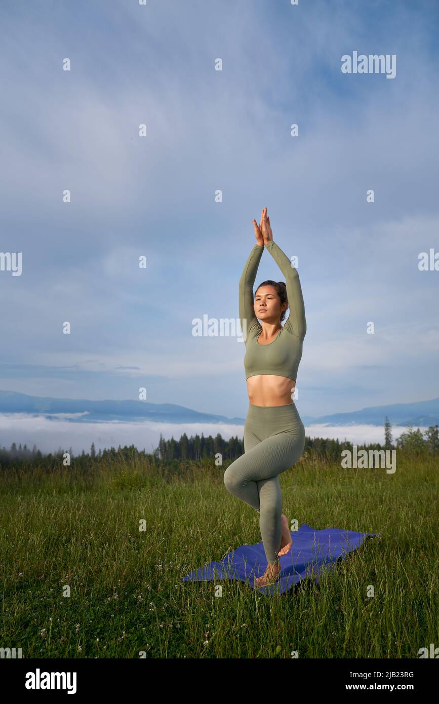 Fitness junge Dame in Sportkleidung mit Yoga-Praxis in den Sommerbergen. Gesunde, fit Frau verbringt Freizeit für Outdoor-Aktivitäten. Stockfoto