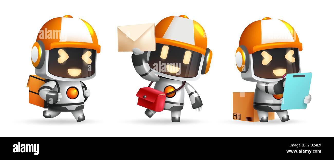 Zeichensatz für Roboterassistenten. Roboter ai Zeichen mit Taschen, Post und Checkliste für freundliche Lieferung Roboter Sammlung Design. Stock Vektor