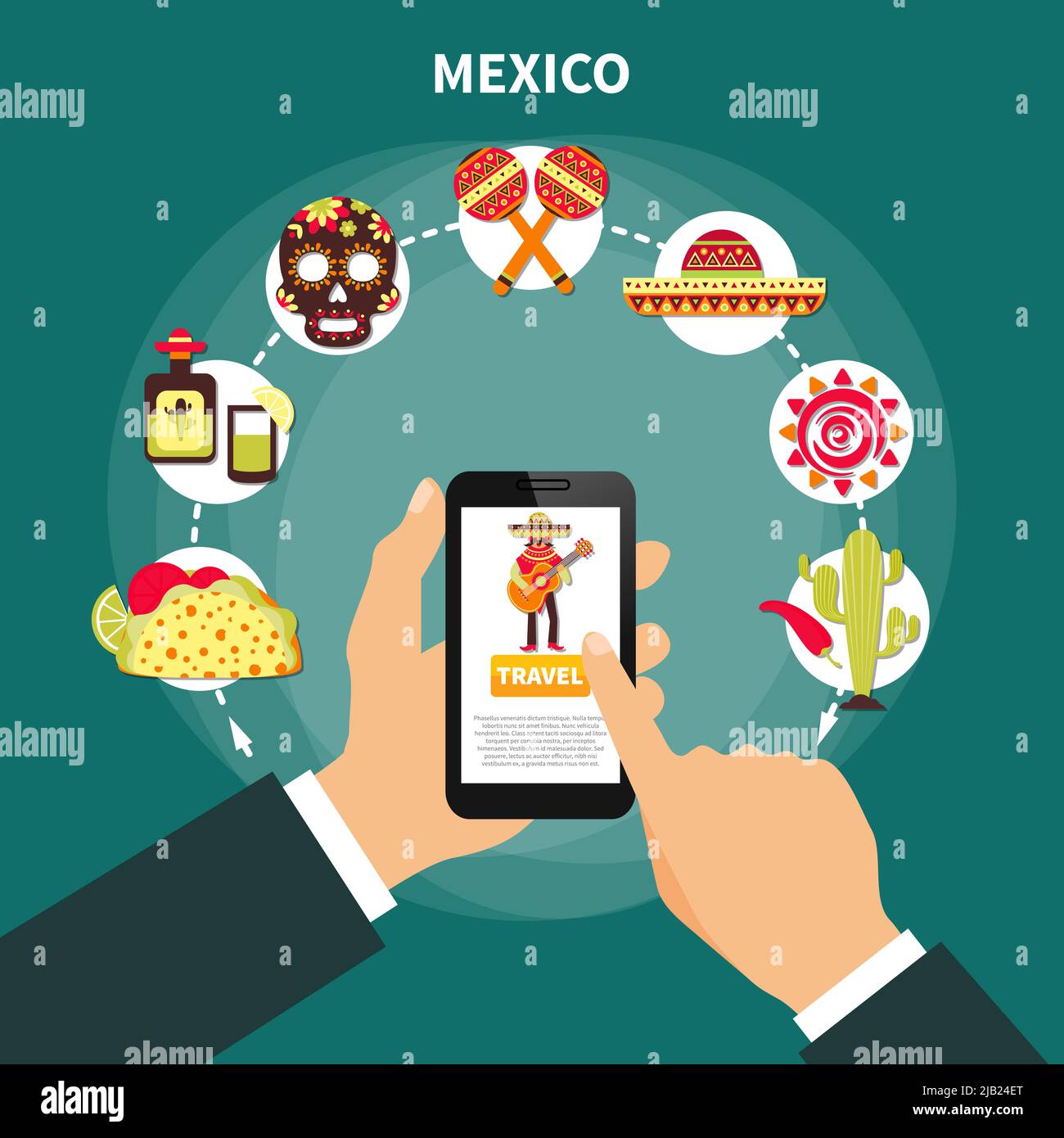 Online Wahl Reise nach mexiko und verschiedene mexikanische Symbole flache Vektor-Illustration Stock Vektor