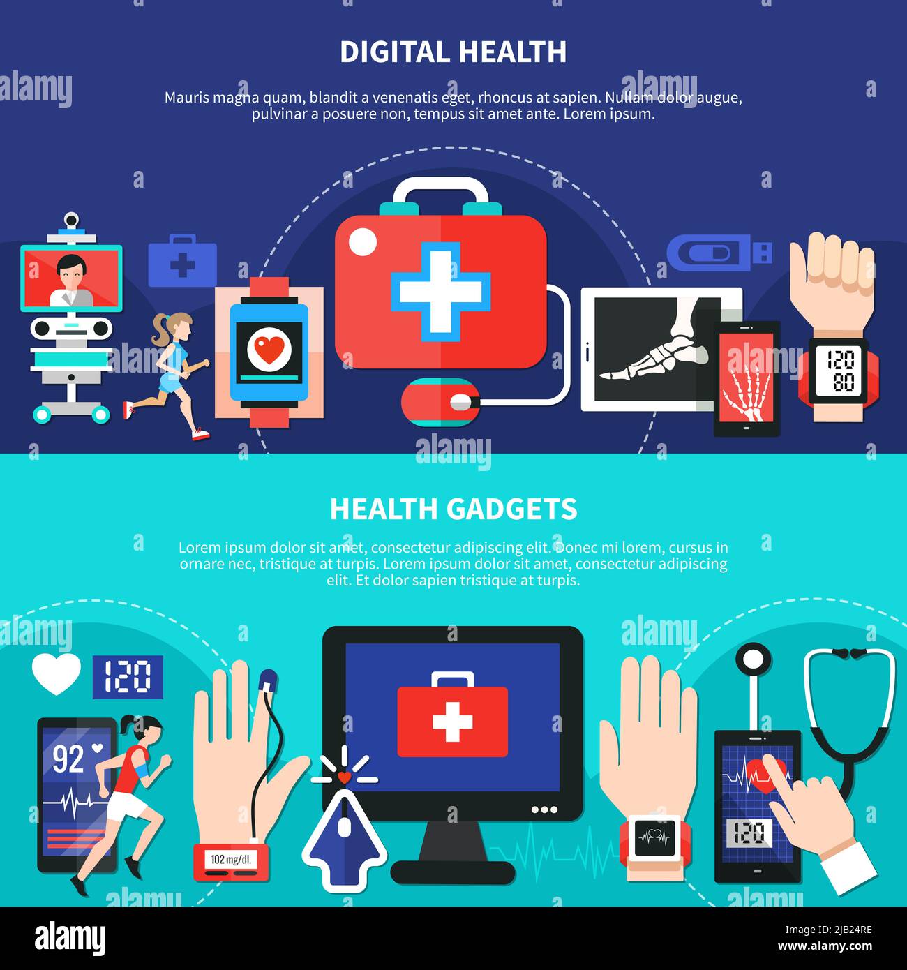 Digitale Gesundheit Gadgets Geräte Apps 2 horizontale flache Banner mit erste-Hilfe-Symbol isoliert Vektor-Illustration gesetzt Stock Vektor
