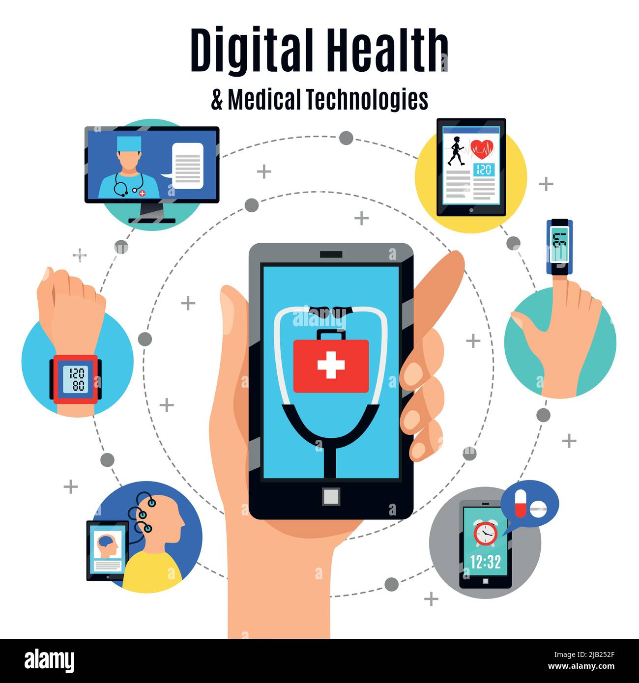 Digitale Lösungen für das Gesundheitswesen mit elektronischen Geräten flaches Plakat mit Mobiltelefon-Touchscreen, medizinischen Apps, Vektordarstellung Stock Vektor